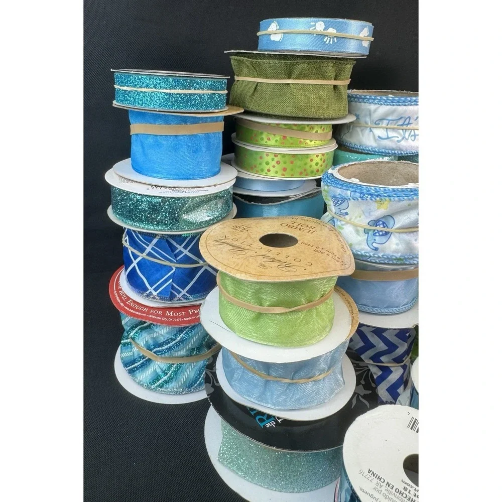 Lot Of 40+ Blue & Green Wired Craft Ribbon & Mesh New & Used
